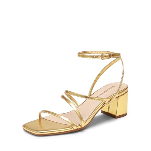 DREAM PAIRS Sandalias de tacón bajo para mujer, de 2 pulgadas, con tiras y puntera cuadrada, elegantes, gruesas, para fiestas, bodas, noche, Dorado metálico, 39 EU