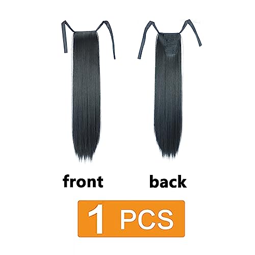 prinfantasy Halo Hair Extension Straight Long Wrap Around Ponytail Synthetic Hair Piece Tie Pre Stretched Hairpiece for Women Girls Black Wig 22In,GBMW032 - Image 2