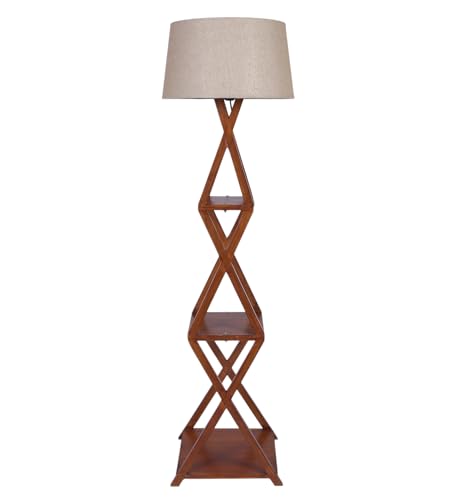 Image of XXX Modern Wooden Metal Floor Lamp with 3-Tier Storage Shelves - Geometric Cross-Frame Standing Lamp for Living Room & Bedroom - Tall Decorative Display Shelf Light with Shade