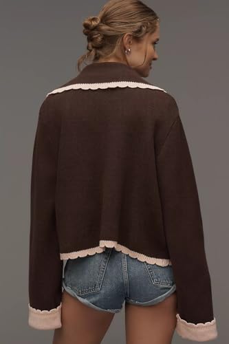 VAOYIU Contrast Trim Scalloped Knit Jacket Womens Cropped Collared Coat with Retro Charm Versatile Styling All Match3