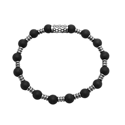 Steve Madden Silver-Toned Textured Bar Black Beaded Bracelet for Men