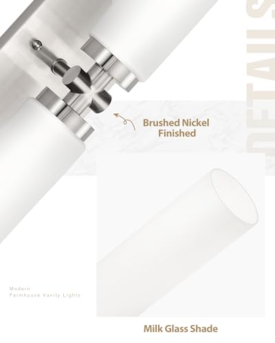 Image of Emak Brushed Nickel Vanity Light, 21 Inch Cylinder Bathroom Lighting Fixtures Over Mirror, Modern 2-Light Wall Sconce with Milk Glass Shade, VL086-BN-ML-2