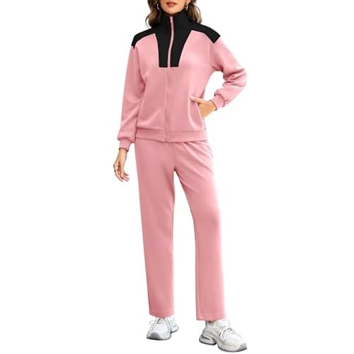 Totatuit Sweatsuits for Women 2 Piece Lounge Outfits Sweatshirt Wide Leg Sweatpant Tracksuit Matching Set Pink Large