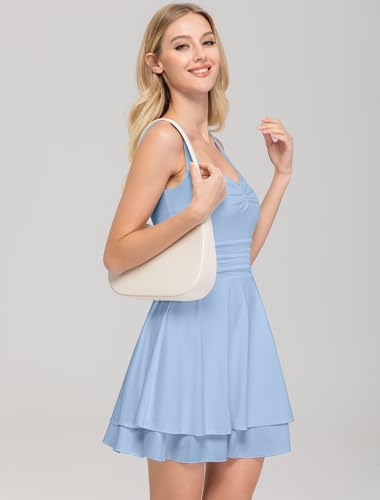 Image of IWD Women's Square Neck Sleeveless Mini Dress Ruched Waist Tiered Ruffle Hem A Line Short Dresses