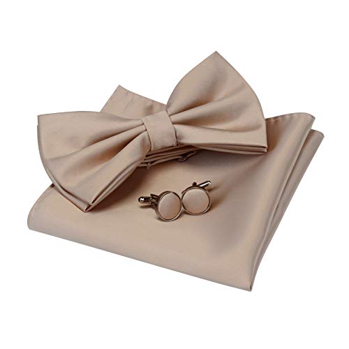 Image of GUSLESON Men's 3-pc Solid Color Bow Tie Gift Set - Double‑Fold Pre-Tied Bow Tie, Pocket Square, Cufflinks - Wedding Formal Party