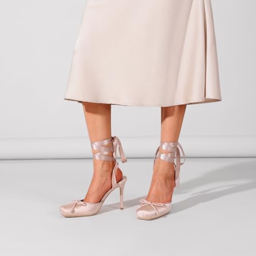 FancyQueen Ballet Heels for Women Stiletto Slingback Heels Satin Strappy Bow Square Toe High Heel Pumps Lace Up Mary Janes Elegant Party Shoes3