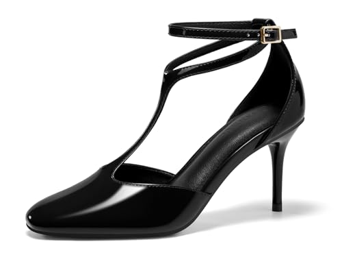 Coutgo Women's Stiletto High Heels T-Strap Round Toe Ankle Buckle Strap Pumps Wedding Dress Shoes