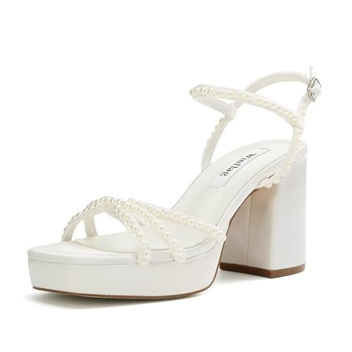 Platform Heels Bridal Shoes Pearl Wedding Shoes for Bride Block Heel Wedding Sandals