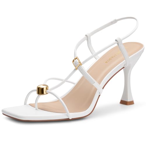 LOOPCHARM Women's Strappy Square Toe Heels Thong Sandals,White Pu,6.5 by LOOPCHARM - Used condition - US$32.19
