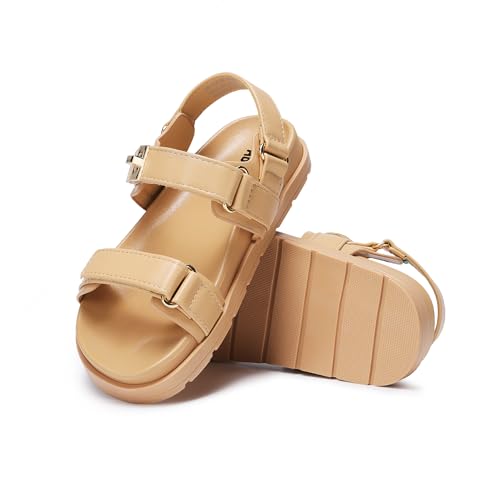 Image of FabKids Girl's Flat Sandals Comfort Adjustable Double Strap Slip on Leather Footbed Sandals for Toddler Little Kid Big Kid