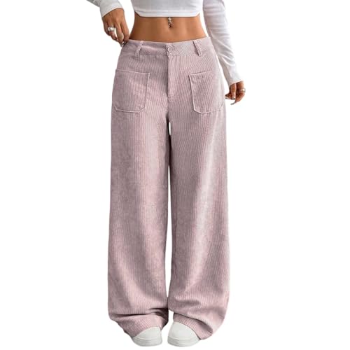 Pantalones de pana para mujer, holgados, con cordón alto, pierna ancha, cintura elástica, cómodos, pantalones de trabajo suaves y acogedores, pantalones de pana de pierna ancha para mujer, rosa, M