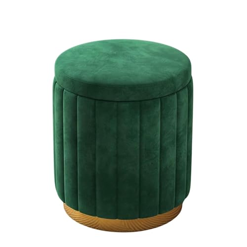 Image of Round Upholstered Velvet Ottoman Seating Stool with Gold Metal Base Multifunctional Makeup Vanity Chair Soft Compact Padded Foot Rest Stool for Living Room Bedroom Green