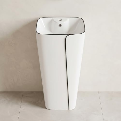 Image of InArt Ceramic Pedestal Wash Basin - Square Free Standing, Glossy White & Black,17x14x34 Inch, Easy Install for Modern Bathrooms (Black 2)