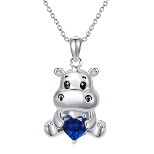 Image of PROESS Animal Birthstone Necklace 925 Sterling Silver Otter /Axolotl /Hippo /Elephant /Dachshund /Monkey /Red Panda Pendant Necklace Animal Birthstone Jewelry Gifts for Women