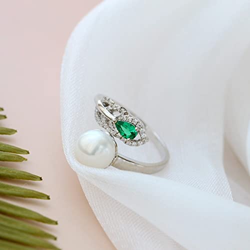 Bague ajustable femme en perle et zircon vert, le cadeau créatif idéal pour un anniversaire