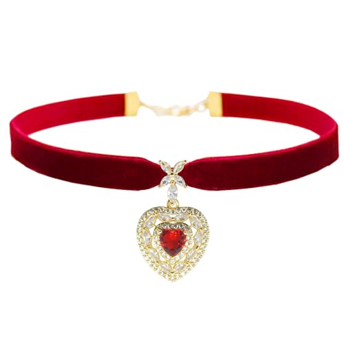MOMOCAT 14K Gold Plated Imitation Ruby Love Zircon Necklace Red Heart Crystal Pendant Velvet Choker Necklace for Women 90s Goth Chocker Cute Vampire Accessories Womens Jewelry