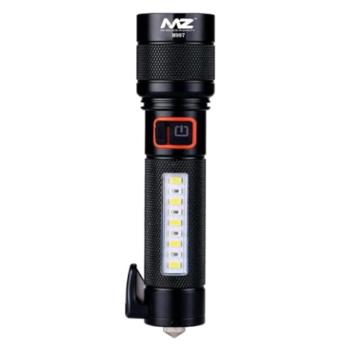 Image of MZ M987 Car Emergency Flashlight with Safety Hammer & Seatbelt Cutter,80W + 30W COB Zoomable LED Torch,5 Light Modes,700ft Long Range,Rechargeable via Type-C, IPX4 Waterproof - Black