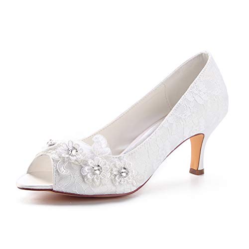 Emily Bridal Wedding Shoes Women's Silk Like Satin Stiletto Heel Closed Toe Pumps with Stitching Lace Flower Crystal