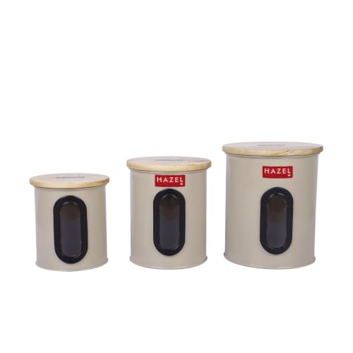 Image of HAZEL Airtight Container with See Through Window & Wooden Lid, Set of 3 | Kitchen Storage Canisters