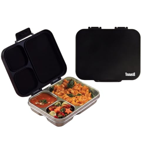 Image of Basil Bento Ace 3C Stainless Steel Lunch Box for Kids | 3 Compartment Leakproof Tiffin Box for Teens & Adults | BPA-Free, Easy-to-Open School Lunch Box | Classic Black