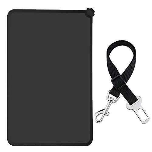 Lessmon Dog Cat Feeding Mat, Silicone Waterproof Pet Food Mat with 1 Piece Adjustable Pet Dog Cat Car Seat Belt