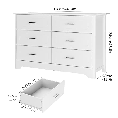 Hosatck 6 Drawer Dresser For Bedroom, Modern White Dressers, Wide Chest Of Drawers With Metal Handels, Wood Storage Dresser Chest For Bedroom, Closet, Hallway, Living Room, White #TOP2