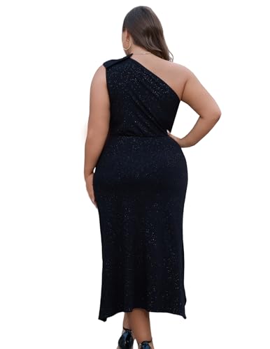 Women's Summer Plus Size Sequin Glitter Dress One Sparkly Shoulder Ruched Wrap Cocktail Party Black Slit Dress3