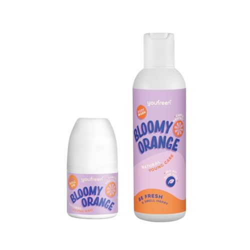 youfreen Happy-Routine-Set: Duschgel (200ml) und Deodorant (50ml) für Kinder & Teens/Deo für Kinder/Jungen & Mädchen/vegane Naturkosmetik/Bio-Aloe-Vera/Deoroller (Bloomy Orange)