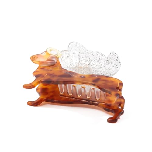 Vintage Angel Dachshund Dog Hair Claw Clip, Tortoise Shell Pattern with Glitter Wings Acetate Hair Claw for Women Mother Gift, 3.14 x 2.36 inches