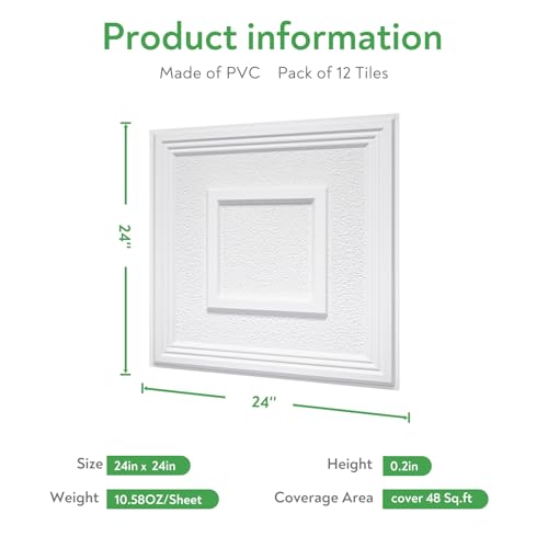 STICKGOO PVC Ceiling Tiles, 2'x2' Glue Up Ceiling Panel Popcorn Textured White to Prevent Breakage Cover 48 Sq. Ft, Pack of 12 Tiles