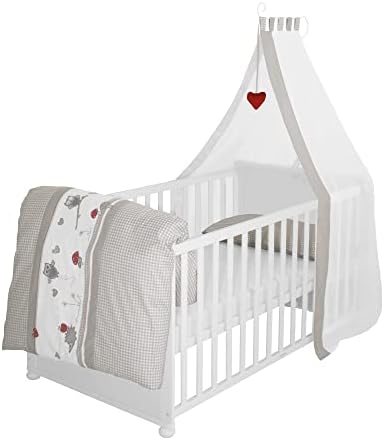 roba Babybett Set Adam & Eule - 70 x 140 cm - Mitwachsendes Kinderbett mit Bettwäsche, Himmel, Matratze - Höhenverstellbar - zu Juniorbett umbaubar - Holz weiß