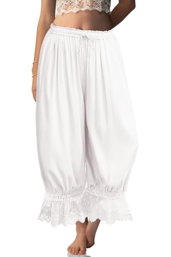 TARSE Women Linen Lace Trim Long Bloomers Pants Y2K Ruffle Victorian Vintage Pantaloons Summer Beach Travel Vacation Pants(White L)