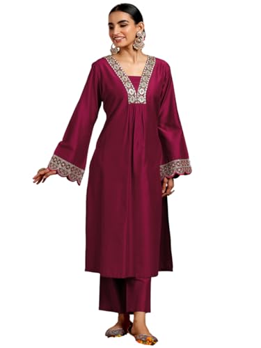 Image of Libas Gerua Womens Yoke Design Silk Blend Straight Kurta With Trousers
