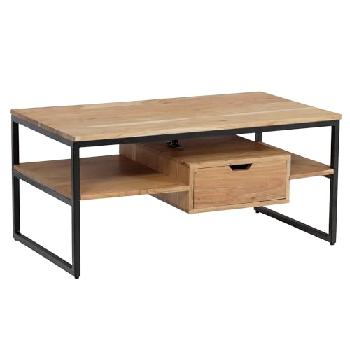 FineBuy Couchtisch 90x50x42 cm Akazie Massivholz Metall Sofatisch Rechteckig, Wohnzimmertisch Kaffeetisch Massiv mit Schublade, Tisch Wohnzimmer Modern Stauraum FineBuy Couchtisch 90x50x42 cm Akazie Massivholz Metall Sofatisch Rechteckig, Wohnzimmertisch Kaffeetisch Massiv mit Schublade, Tisch Wohnzimmer Modern Stauraum
