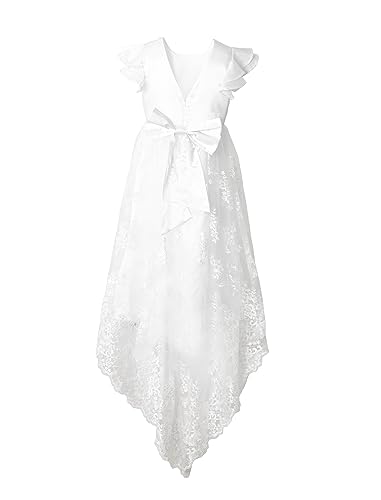 Flower Girl Dress Lace V Back Embroidery Tail Vintage White Dress Wedding Party Outfit2
