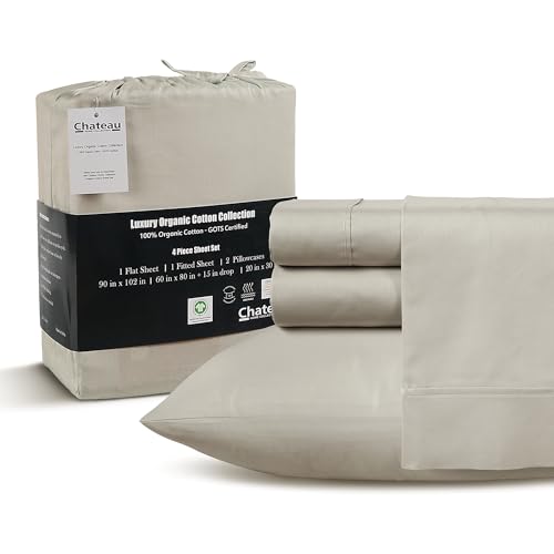 100% Organic Cotton XLTwin Sheets Set, 300TC Sateen Weave 3 PC Twin XL Bed Sheets, Fully Elasticated Sheet & Pillowcase Sets, Soft & Comfy No lint Machine Washable Fade Resistant- Silver