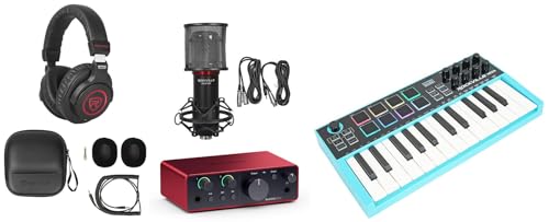 Audiosavings Bundle: Focusrite Scarlett Solo 4th Gen Studio Recording USB Audio Interface Bundle with Rockville PRO-M50 SR Headphone+M25 25 Key USB MIDI Keyboard Controller+RCM SR Microphone (4 Items)