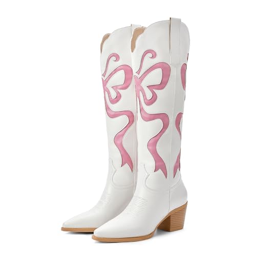 Women's Cowboy Boots With Colorful Bows Embroidered White Knee-High Boots Fashion Almond Toe Chunky Heel Design3