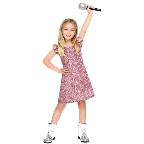 VBLEVIAR Girls Sequin Dress for Girl Sparkly Dress Up Prom Concert Party Outfit Birthday Dress with Glitter Microphone Prop Pink