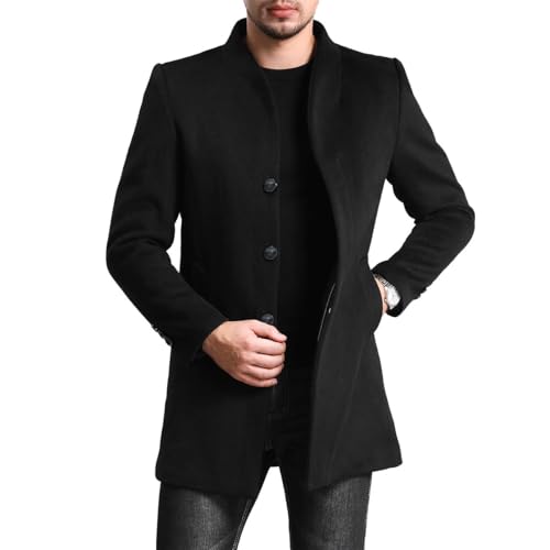 Allthemen Mens Slim Fit Winter Coat Mid Length Overcoat Wool Trench Coat Casual Warm Outdoor Coat Jacket #1681 Black L
