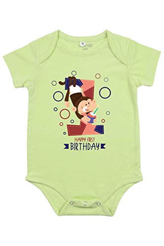Image of Fflirtygo Baby Wear Cotton Infants Jumpsuit /Rompers Half Sleeves /sleepsuit Green Color Twelve Month Celebration Printed On Light Blue Color