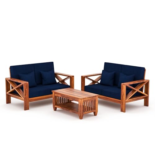 Image of Sheesham Wooden 4 Seater Sofa for Living Room | Rosewood 4 Seater Cushion Sofa X-Legs | Solid Wood Sofa Set for Lounge (2+2,Honey Finish)