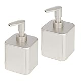 mDesign Compact Square Metal Refillable Liquid Soap Dispenser Pump Bottle for Bathroom Vanity Countertop, Kitchen Sink - Holds Hand Soap, Dish Soap, Hand Sanitizer, Essential Oil - 2 Pack - Satin
