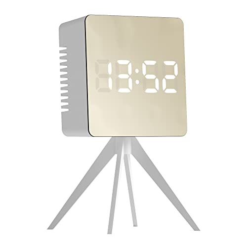 Space Hotel® Droid Digital Alarm Clock With Led Display, 12/24Hr, Room Temperature, Snooze, Night Mode, Brightness Dimmer, Mirror Surface, Office/Bedroom, Usb Powered & Battery Backup (White/Gold) #TOP5