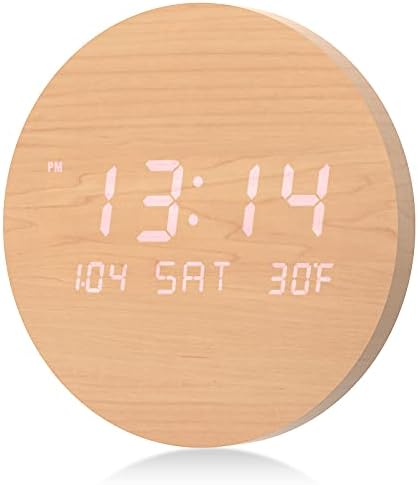 TOSTOG Wall Clock, Digital Wall Clock Silent Kitchen Clock Non Ticking Wall Clock,10 Inch LED Wall Clocks with Display of Time/Date/and Temperature,Wooden Clock Decor for Living Room and Office