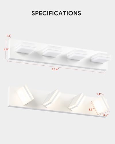 Image of VONLUCE Bathroom Vanity Light Fixture, 4-Light Modern LED Vanity Light, 3CCT Adjustable Bathroom Lights with Memory Function Rotatable Shades, 26 inch Wall Lighting Fixture Over Mirror, Matte White