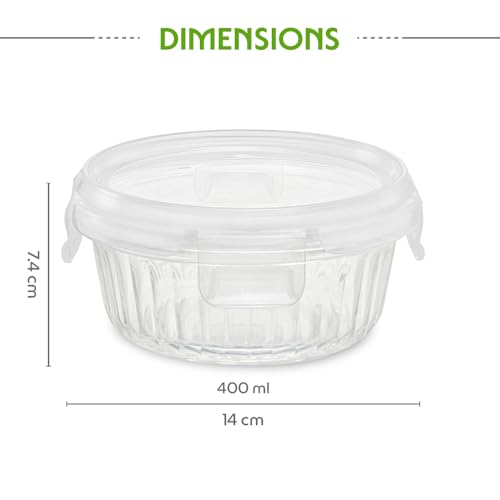 Image of Borosil 400 ml Fluted Klip N Store Round Food Storage Container with Air Tight Glass Lid | Borosilicate Glass Container for Lunchbox | Microwave & Dishwasher Safe | Transparent