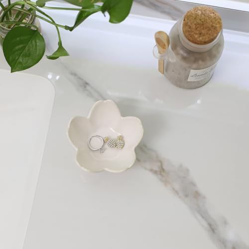 Image of Flower Ring Dish Holder,Jewelry Dish Tray,Small Trinket Tray,Jewelry Plate Bowl,Key Bowl,Decorative Plate,Birtdhay Christmas Gifts for Women Friends,Ceramic Kiln effect White
