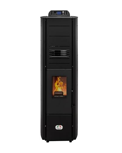 STUFE A PELLET ITALIA Colonna New 8 Kw Slim - Stufa ad Aria Ventilata Efficienza 93% Scalda 70m² Design Super Compatto Programmabile 5 Velocità e Potenze Garanzia 24 Mesi Nero