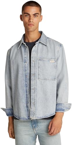 Calvin Klein Camisa Vaquera Hombre Regular Denim Shirt con Bolsillo en el Pecho, Azul (Denim Light), L